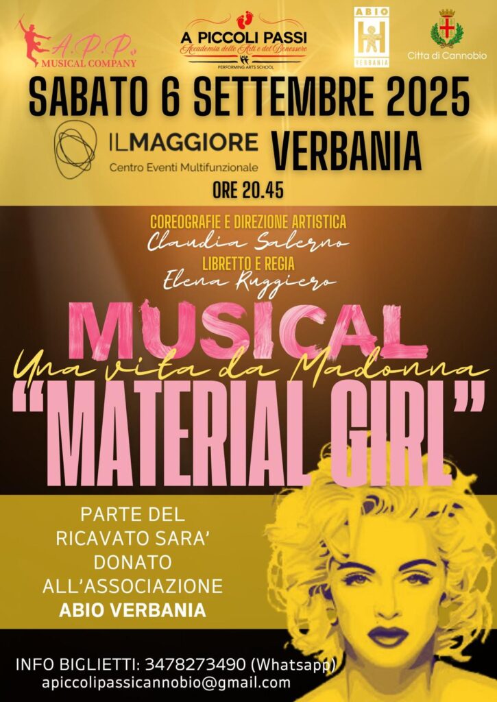 Locandina del musical Material Girls 2025 a Verbania, spettacolo a favore di ABIO con parte del ricavato per i bambini in ospedale